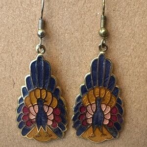 Cloisonné Peacock Design Earrings in Blue and Gold